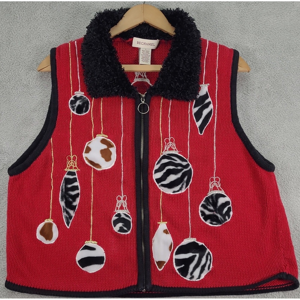 Bechamel Womens Red Christmas Ornament Sweater Vest Faux Fur Collar Large 3785